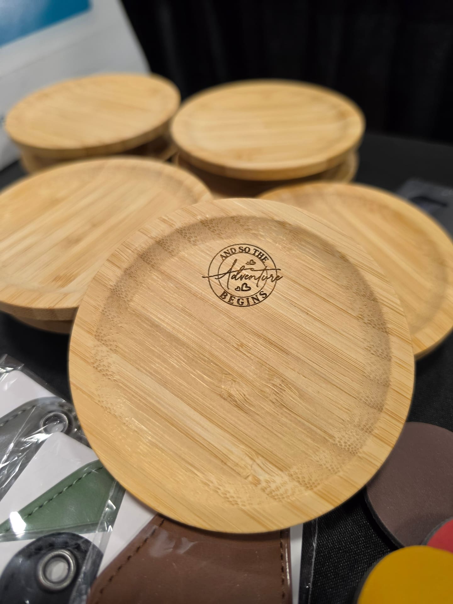 Bamboo personal charcuterie snack holder engraved with 'And So The Adventure Begins'
